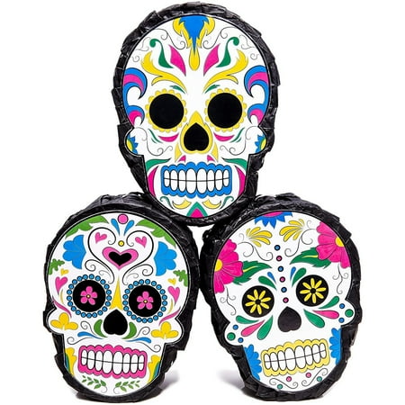 3 Pack Mini Sugar Skull Pinata for Fiesta Party Supplies, Cinco De Mayo, Day of The Dead Decorations, 4 x 7 x 2 in