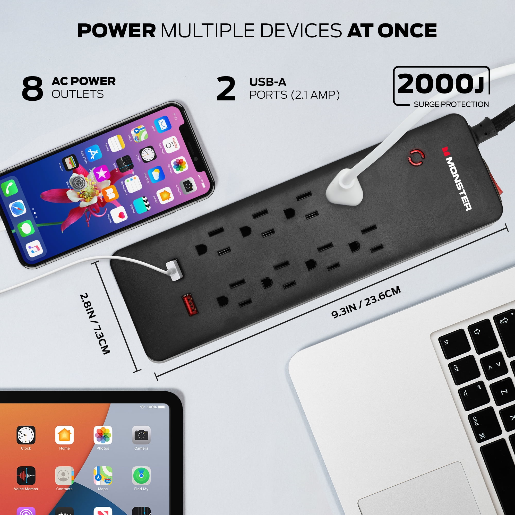 Monster 2000J Surge Protector 8 Grounded Outlets & 2 USB Ports with a 6’ Nylon Braided Extension Cord