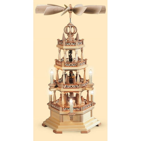 German christmas pyramid forest scene, 3-tier, height 63 cm / 25 inch, natural, electrical illuminated and driven (120V, 50Hz for USA and Japan), natural, original Erzgebirge by Müller Seiffen