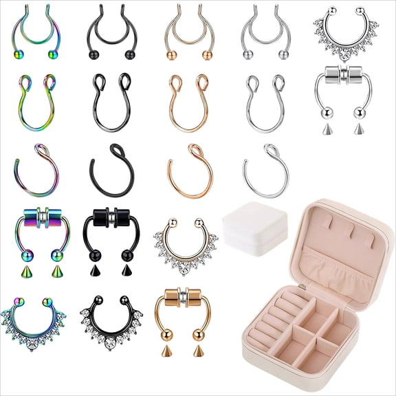 20 Pcs Fake Nose Rings Non Piercing Magnetic Stainless Steel Jewelry with Storage Box for Women Men
