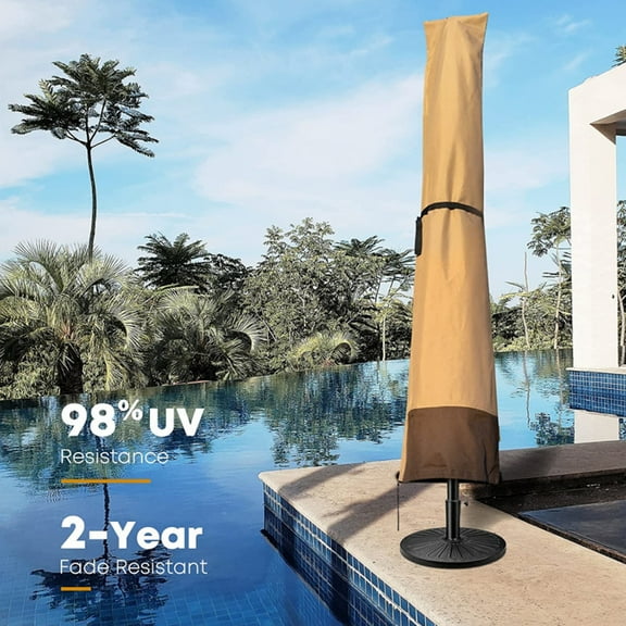 PatioGem Waterproof Patio Outdoor Umbrella Protective Canopy Cover Bag 600D Heavy Duty Parasol Cover with Zip and Telescopic Rod Fit for 7ft to 11ft Outdoor Umbrellas, Brown