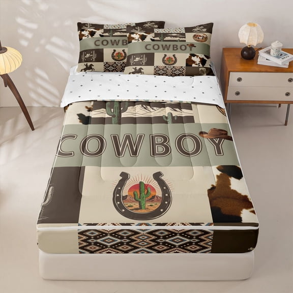Homewish Tribal Cowboy Zipper Full Size Comforter Sets with Fitted Sheet and 2 Pillowcases for Kids, Retro Western Aztec Zipper Bedding Set, Reversible, 4pcs