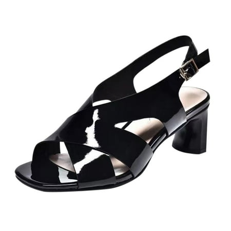 

fvwitlyh Black Sandals Women s Square Toe Low Block Heels Open Toe Ankle Strap Dress Pump Shoes