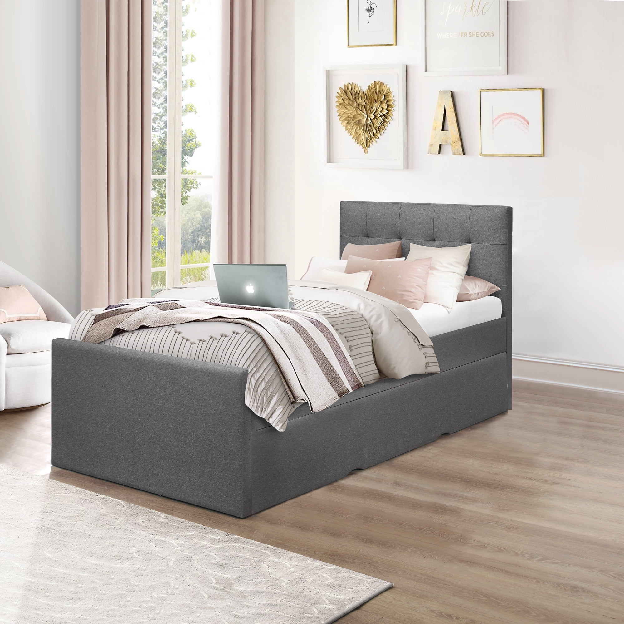 Emory Upholstered Kids Twin Platform Bed with Trundle, Gray, by Hillsdale Living Essentials