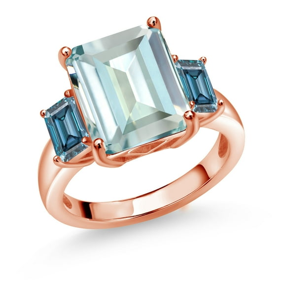 Gem Stone King 18K Rose Gold Plated Silver 3-Stone Ring Octagon Sky Blue Simulated Aquamarine and Vivid Persian Blue Moissanite (6.57 Cttw, Size 7)