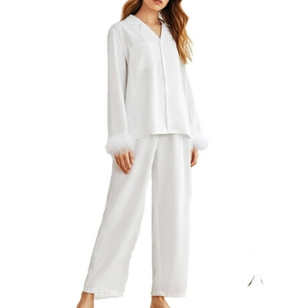

Casual Solid Lapel Pant Sets Long Sleeve White Womens Pajama Sets (Women s)