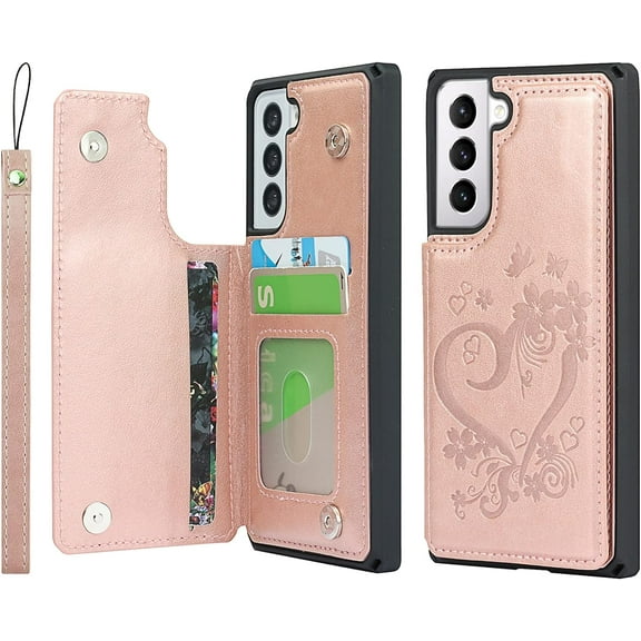 for Galaxy S21 Plus /S21 Wallet Case with RFID Blocking Card Holder for Girls Women,PU Leather Double Magnetic Buttons Stand Wrist Strap Case for Samsung Galaxy S21 Plus 5G,Heart Rosegold