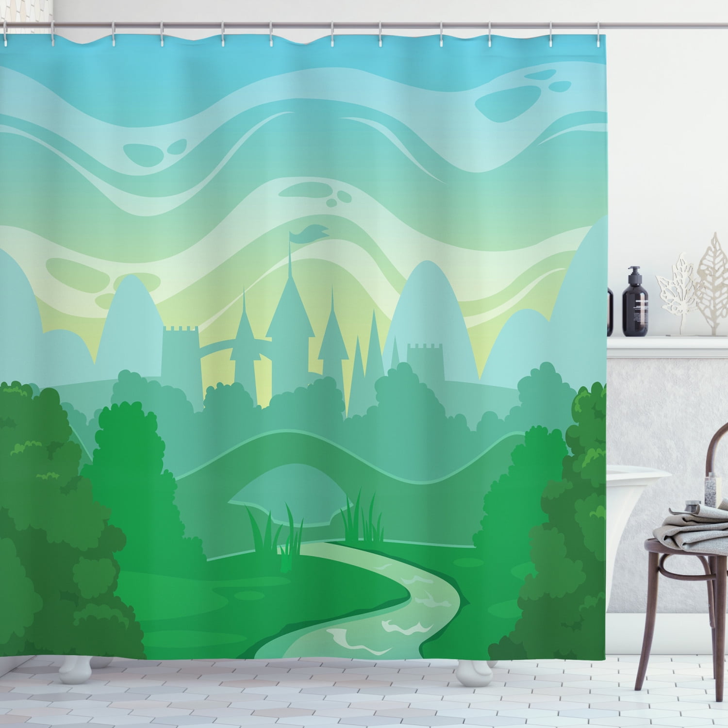 Fairy Tale Shower Curtain, Cartoon Fantasy Morning Landscape and Castle
