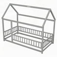 thumbnail image 4 of Grey Twin Size Floor Wooden Bed Featuring House Roof Frame & Fence Guardrails, 4 of 16