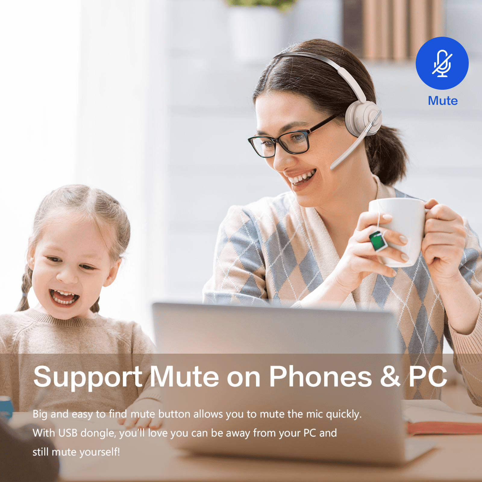 V5.2 Computer Bluetooth Headset with Microphone for PC, with Noise Cancelling Mic, USB Dongle, Charging Base & Mute Button for Work/Cell Phones/Computer/Call Center/Zoom