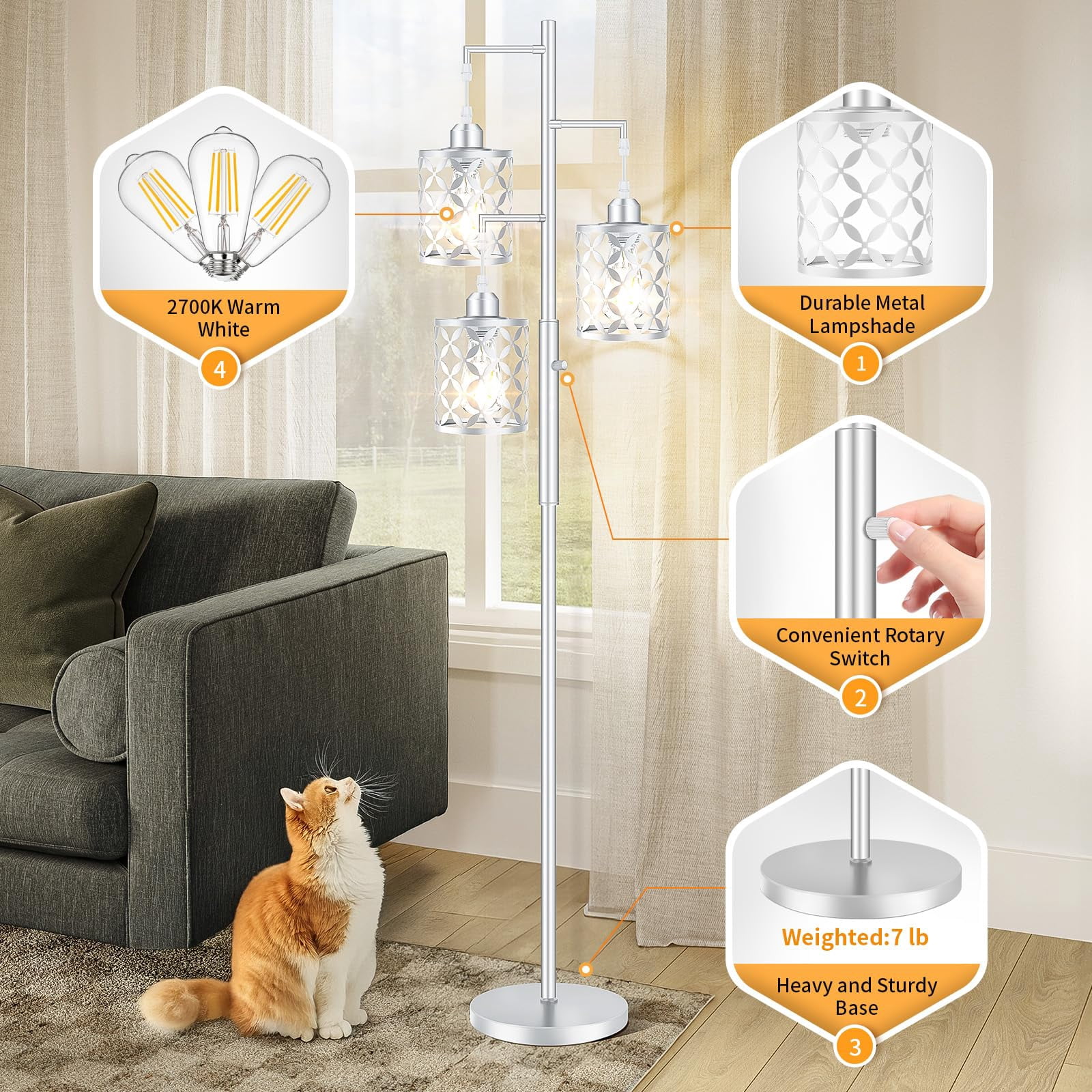 68" Dimmable Floor Lamp with Metal Cage, 3 LED Bulbs Included for Living Room Bedroom