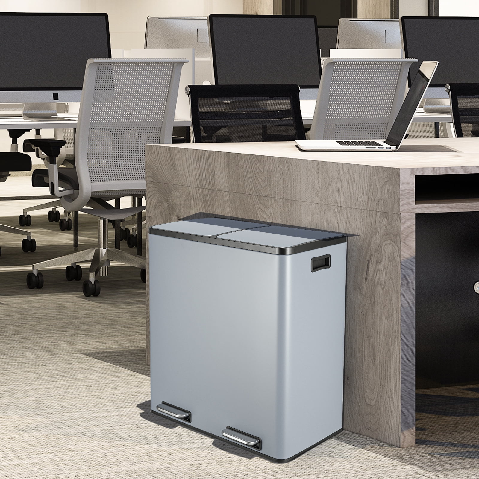 LAZY BUDDY 16 Gallon Kitchen Trash Can with Double Compartments, Stainless Steel Step Garbage Can with Lid & Inner Buckets for Recycling