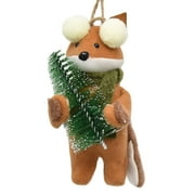 Holiday Time Cottage Christmas Brown Fabric Fox with Green Tree Festive Figurine Ornament