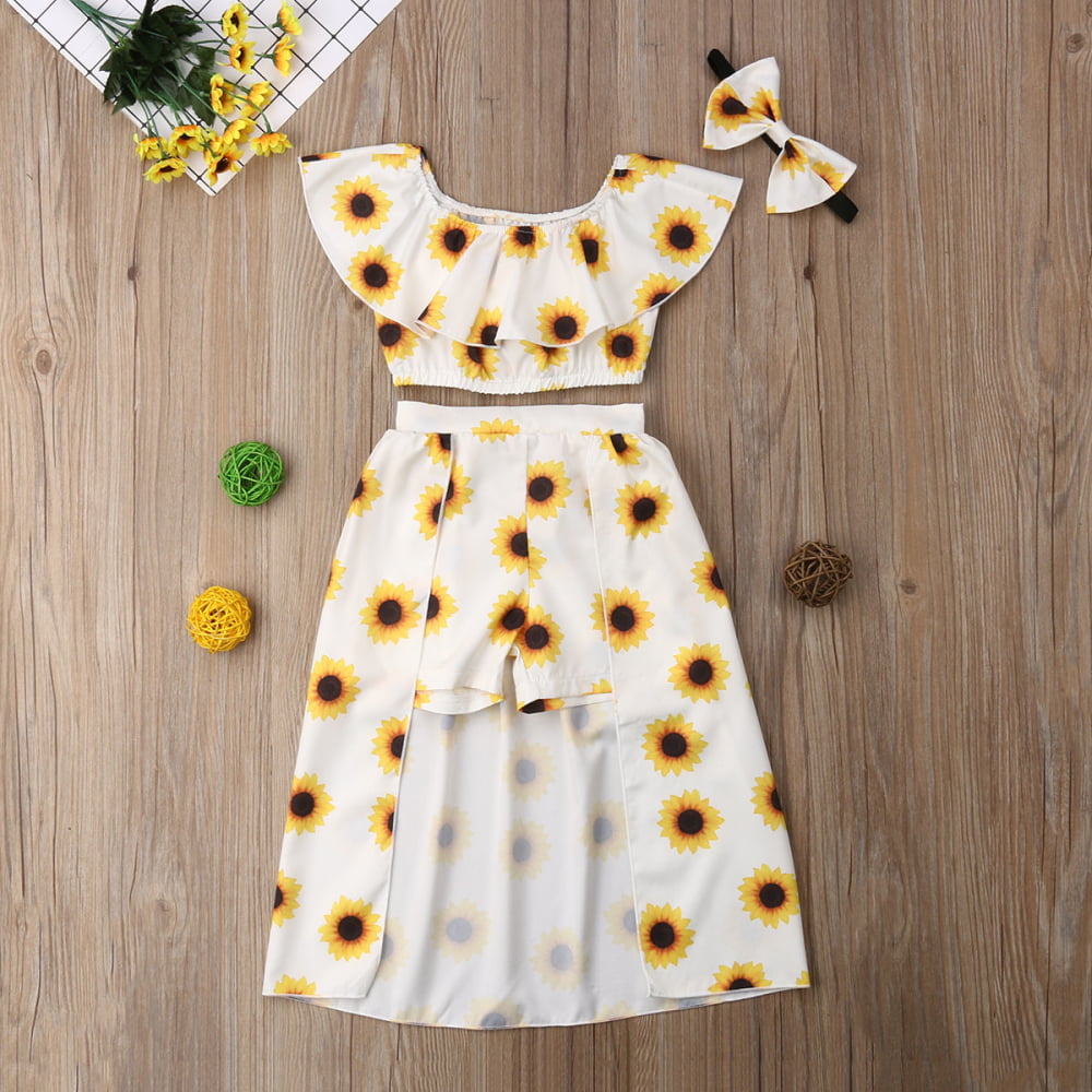 3pcs Toddler Baby Girl Sunflower Outfits Off Shoulder Ruffles Crop Tops Shorts Skirt Headband Set Summer Clothes