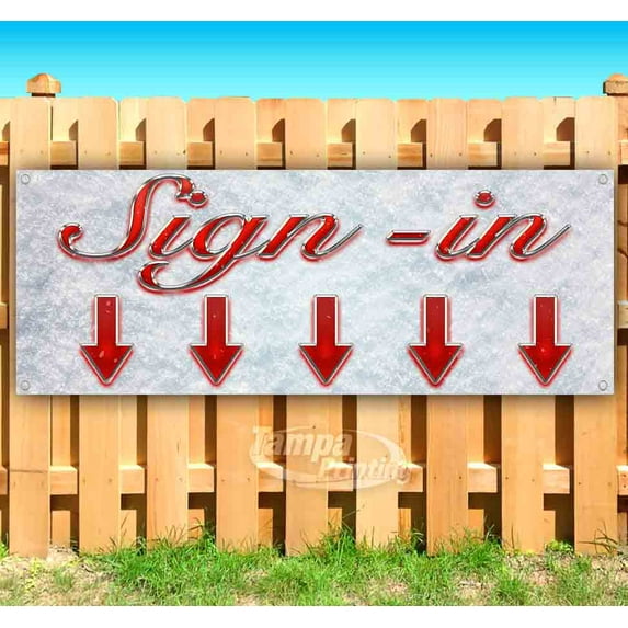 Sign-In Down Arrow Red & Chrome 13 oz Vinyl Banner With Metal Grommets