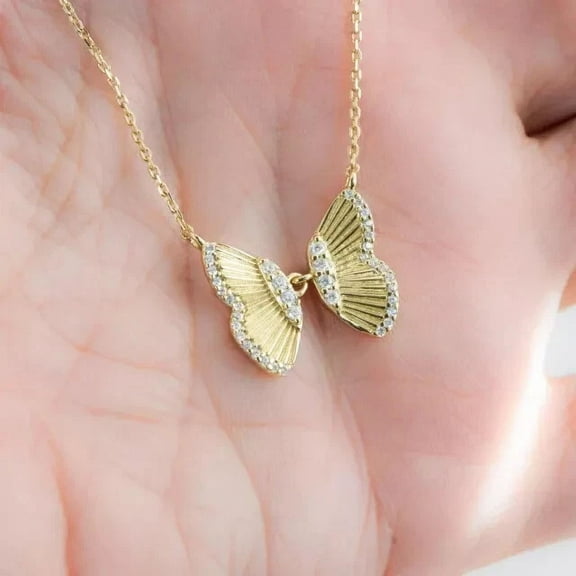 2Ct Round Cut Real Natural Moissanite Butterfly Pendant 14K Yellow Gold Plated