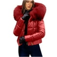 thumbnail image 3 of YOIAVAIOY Women Winter Warm Down Jacket Thick Slim Flash Coat Outdoor Faux Fur Hood Parka Short Slim Puffer Jacket Red S, 3 of 9