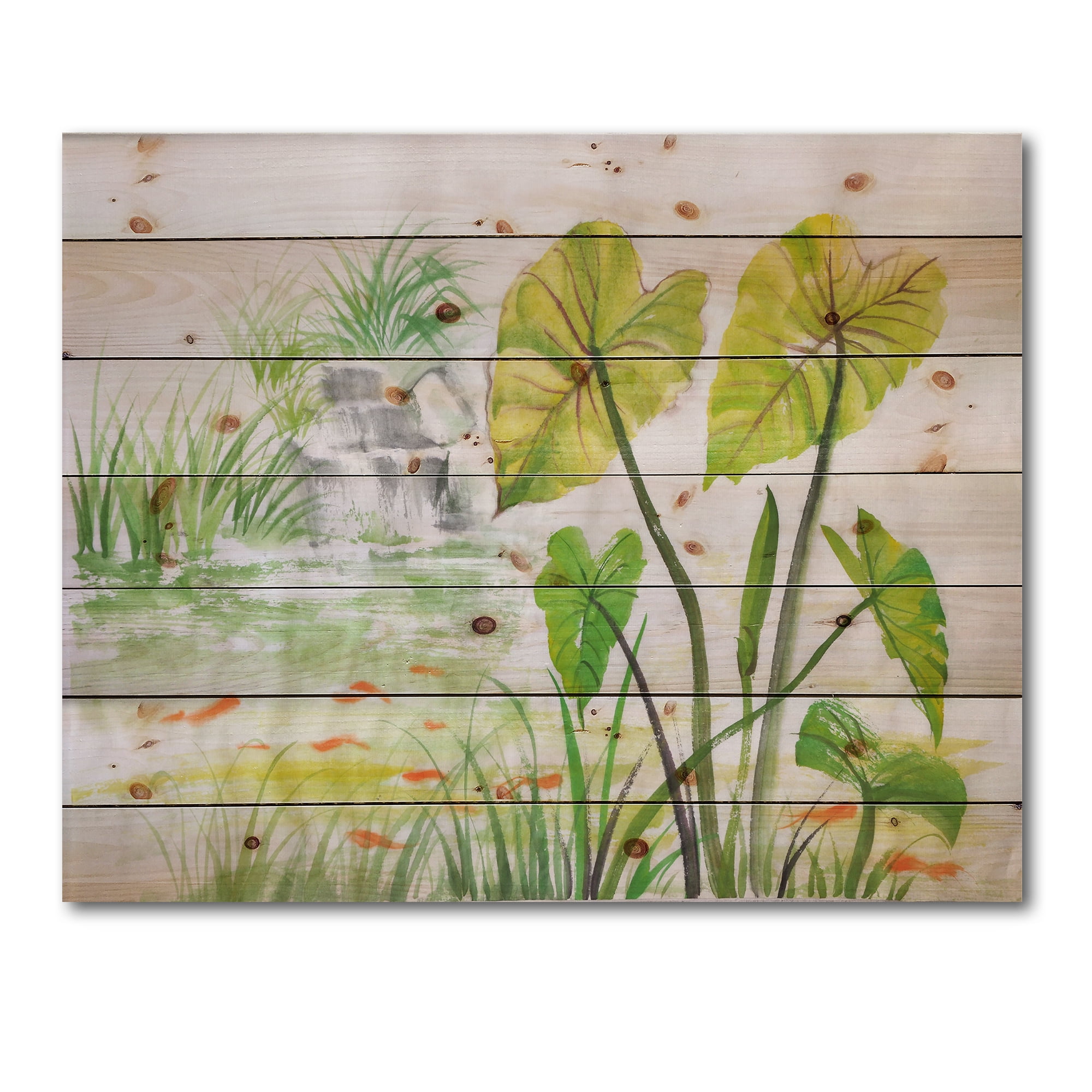 Designart 'Ancient Lotus Pond' Lake House Print on Natural Pine Wood