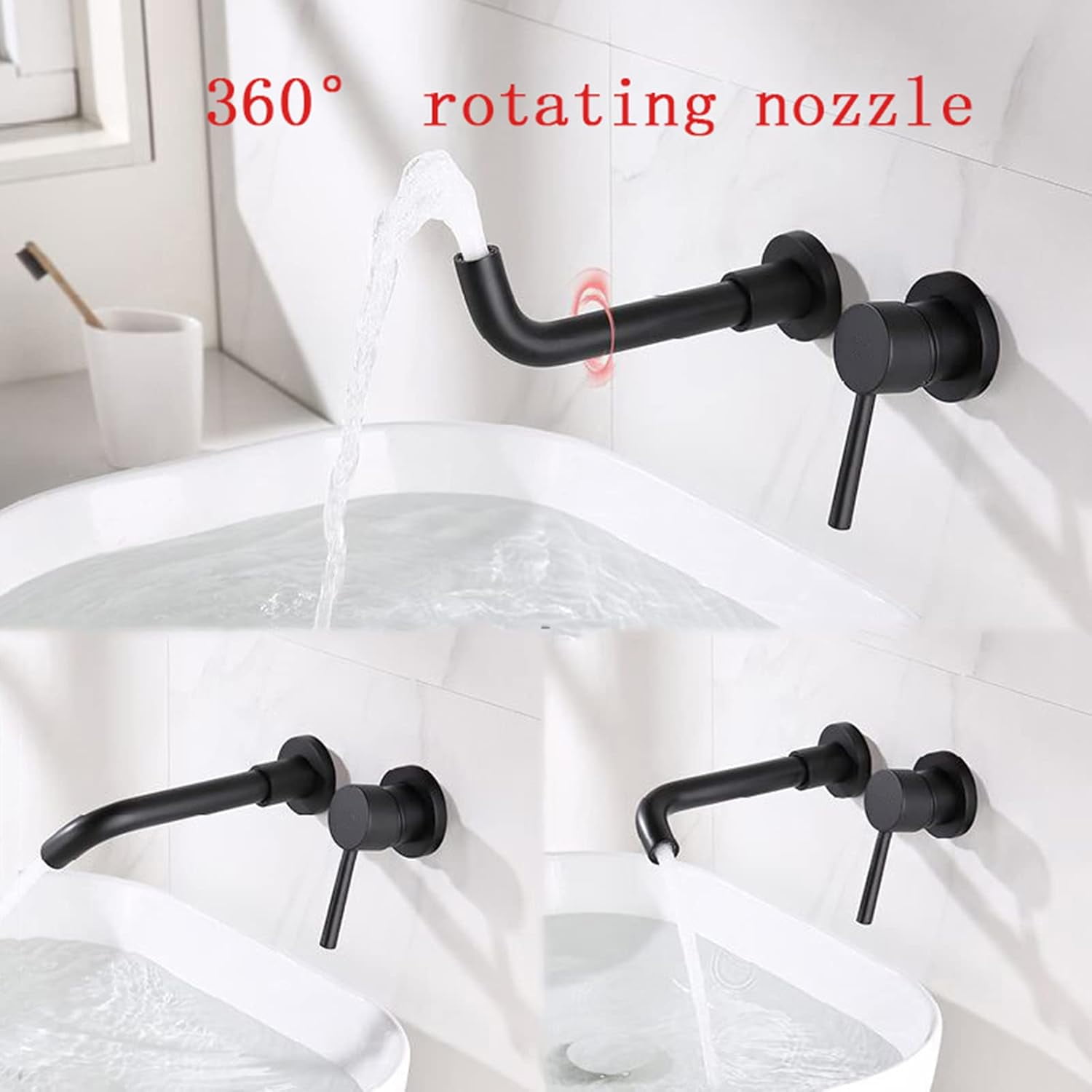 Wall Mounted Faucet Bathroom Sink Black,with 360° Swivel Spout,Hot and Cold Sink Mixer Tap Faucet,Single Handle Wall Mount Faucet