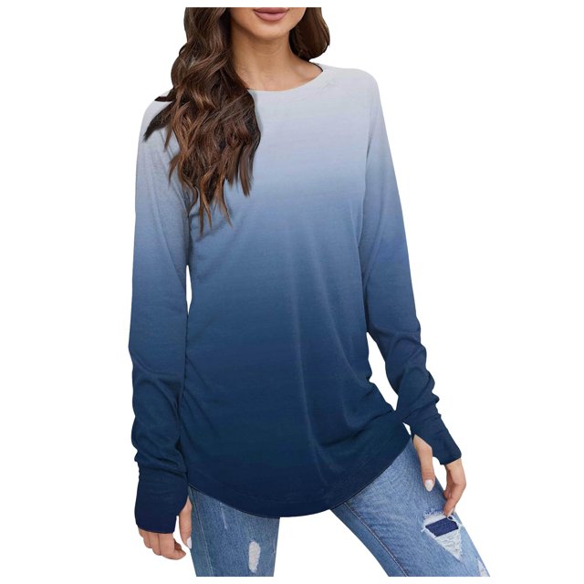 Hauts pour Femmes Manches Longues Col Rond Basique Mode Tunique Imprimée Trou de Pouce T-Shirts Surdimensionnés pour Femmes Bleu TG