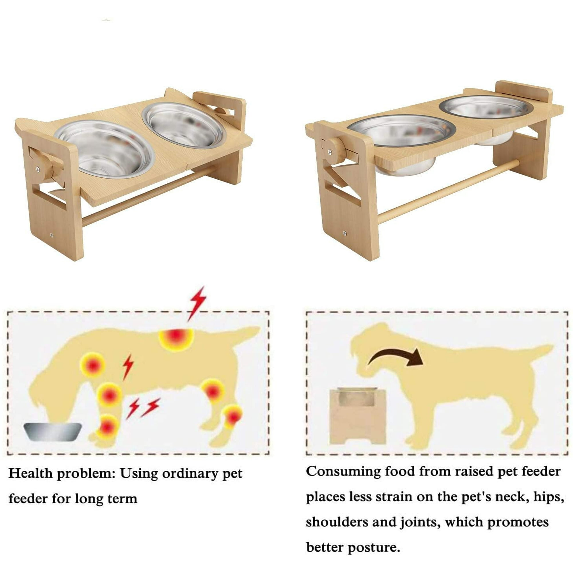 Iguohao Raised Dog Food Bowl Stand Elevated Dog Bowl For Large And Medium Dogs 4 Adjustable Height Bamboo Dog Cat Food Bowl With 2 Stainless Steel