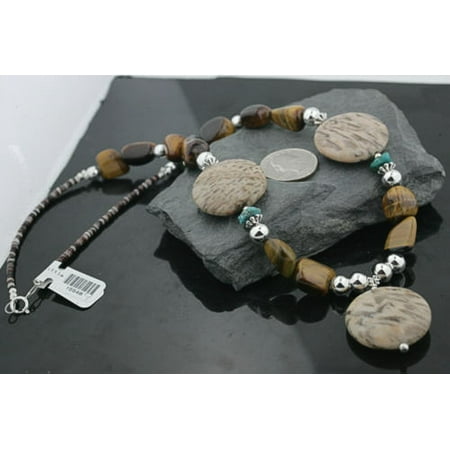 Certified Authentic Navajo .925 Sterling Silver Natural Tigers Eye Jasper Turquoise Native American Necklace
