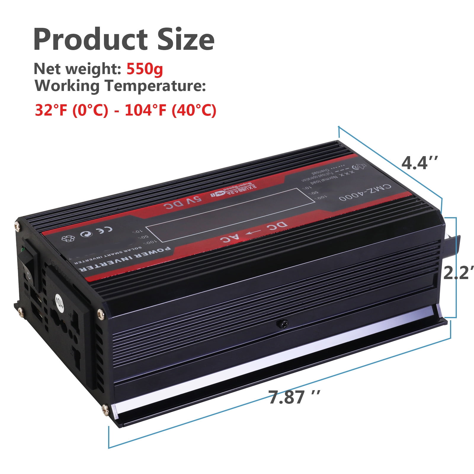 Power Inverter For Car 5000 Watts Surge Power 12V DC to 110V AC Modified Sine Wave, Power Converter for Vehicles and Outdoor Use with 3 USB Ports