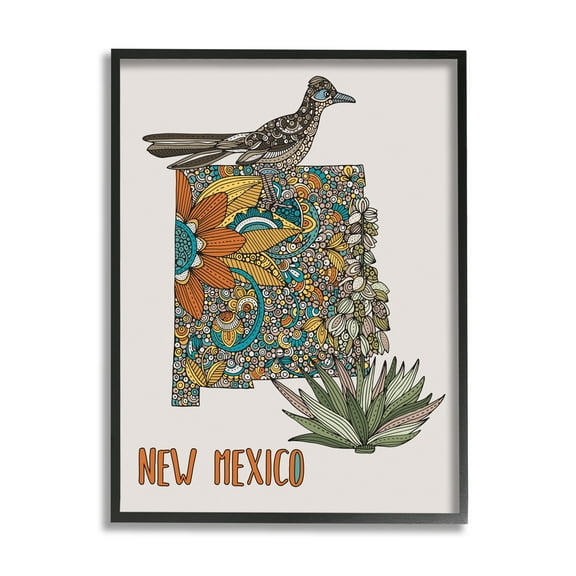 Stupell Industries Intricate New Mexico Yucca & Roadrunner Floral Bird Graphic Art Black Framed Art Print Wall Art, Design by Valentina Harper