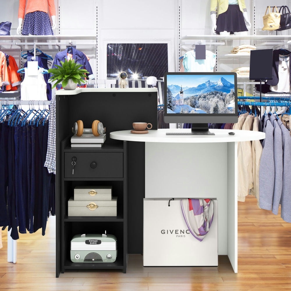 Demi Bonn Front Reception Office Desk with Open Shelf and Lockable Drawer, Small Home Computer Desk Study Writing Table, White + Black