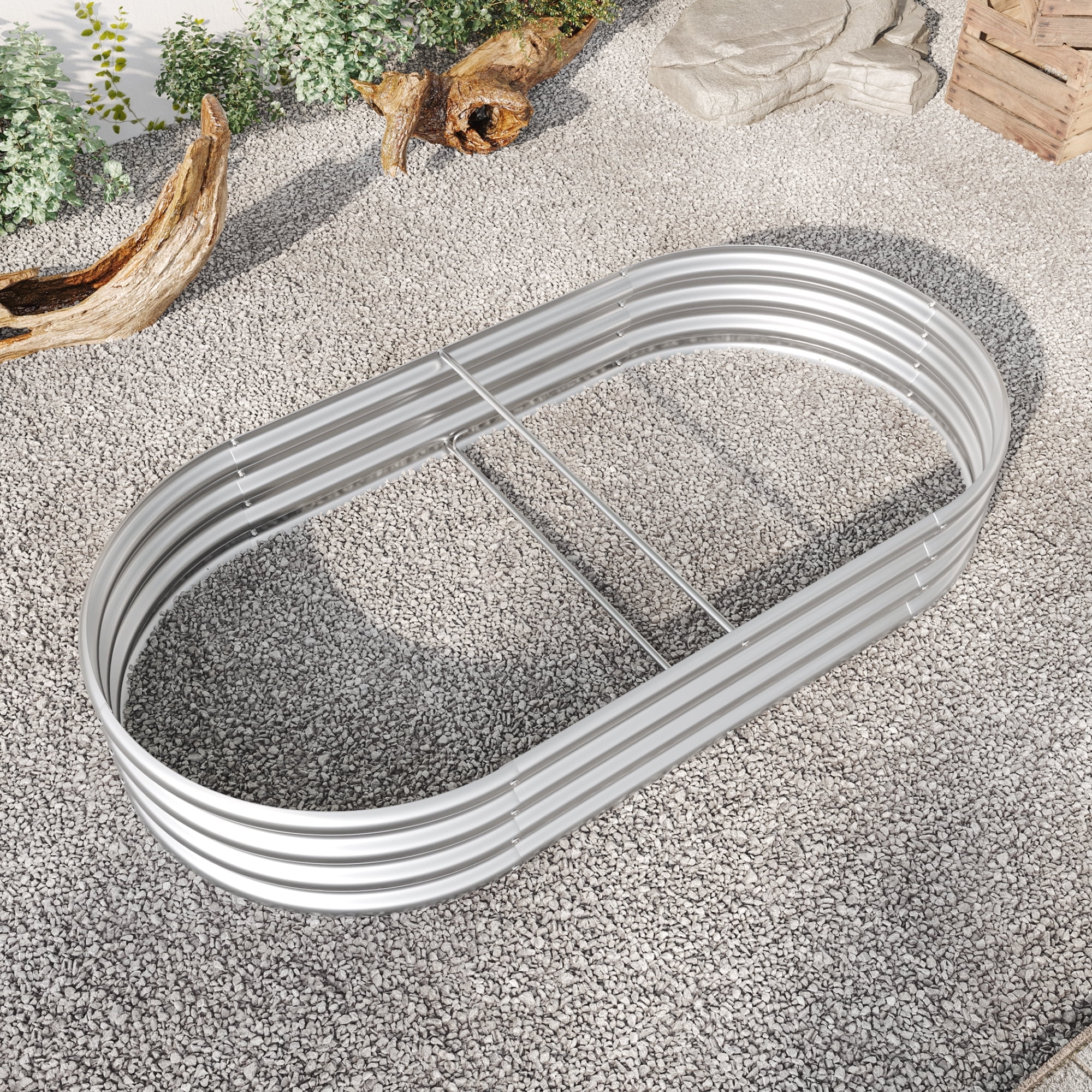 Raised Garden Bed Outdoor, Oval Large Metal Raised Planter Bed for for Plants, Vegetables, Flowers - Silver
