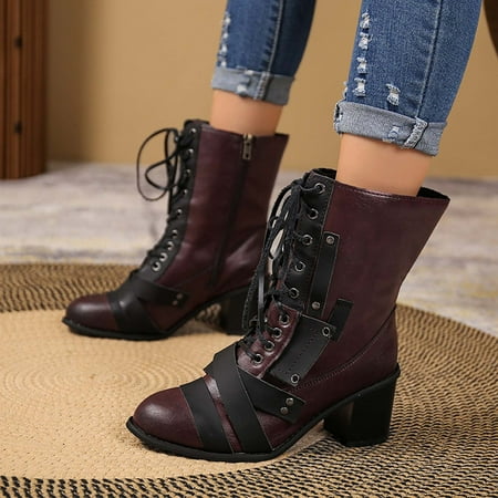 

Qiaocaity Women Shoes on Clearance Up to 20% off Women s Winter Retro Splicing Boots Chunky Heel Middle-Heels Pointed Toe Side Zipper Boots Purple 37