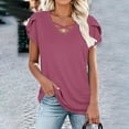 thumbnail image 4 of Women's Petal Short Sleeve Tops Cross V Neck Trendy Summer Tshirts Solid Color Comfy Casual Tunic Top Loose Fit (S, Wine), 4 of 6