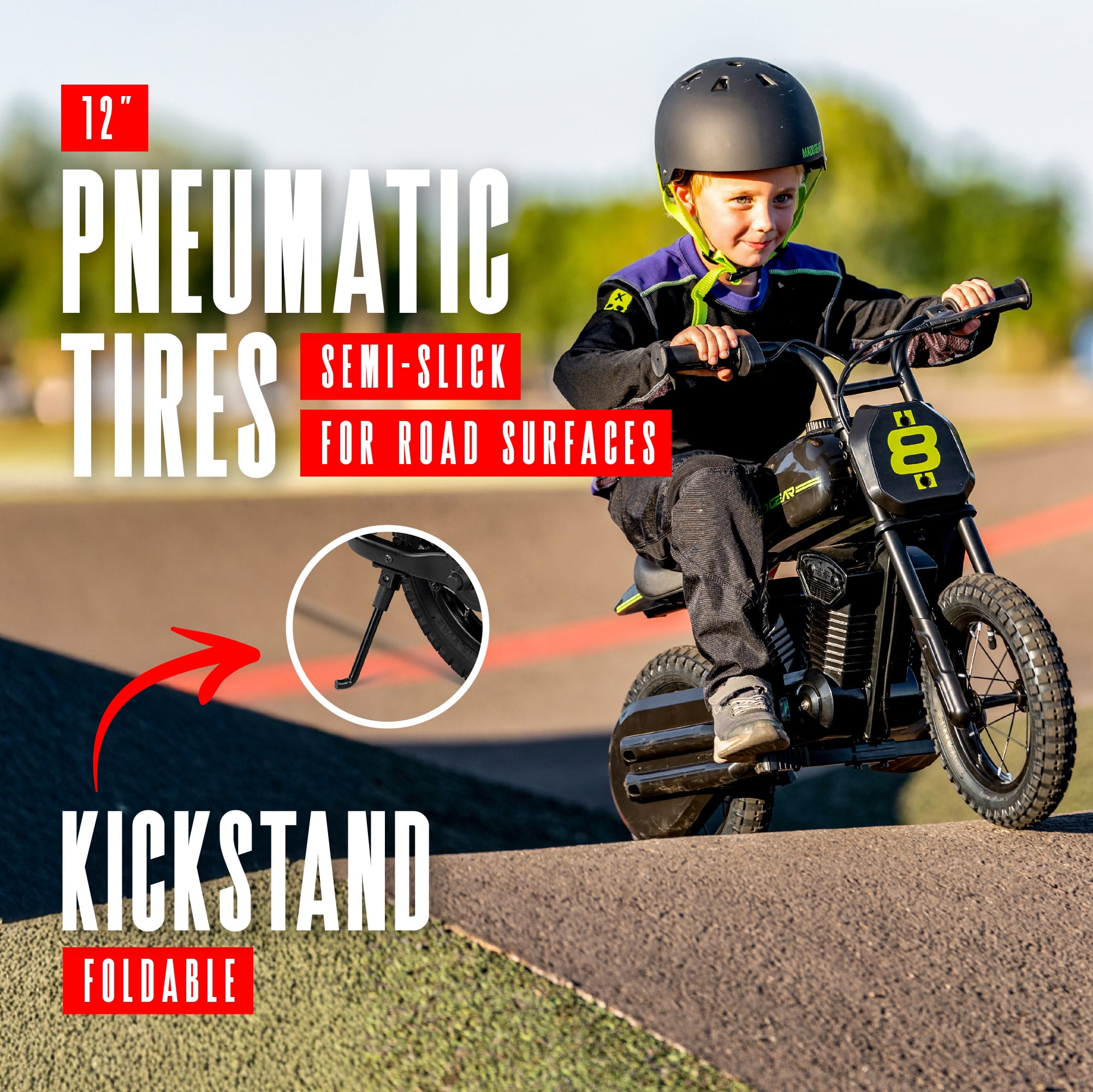 My 1st Mini Electric Dirt Bike by Madd Gear with 24-Volt Battery for Age 5-8 with a 10 mph Max Speed and 12" Wheels