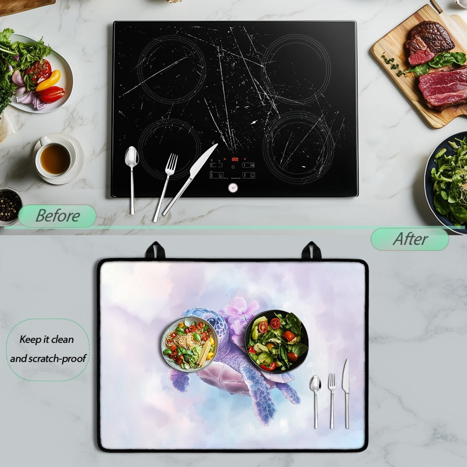 SEANATIVE Stove Top Cover for Gas Stove Foldable Ceramic Top Stove Cover Heat Resistant Glass Cooktop Covers Wear-resistant Washer Dryer Top Protector Range Cover, Sea Turtle Flower Light Violet