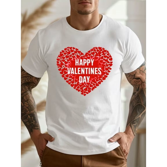 Men'S Summer T-Shirt | Happy Valentine'S Day Large Heart Pattern Print, Short Sleeves, Crew Neck | Casual Fit, Slight Stretch Fabric