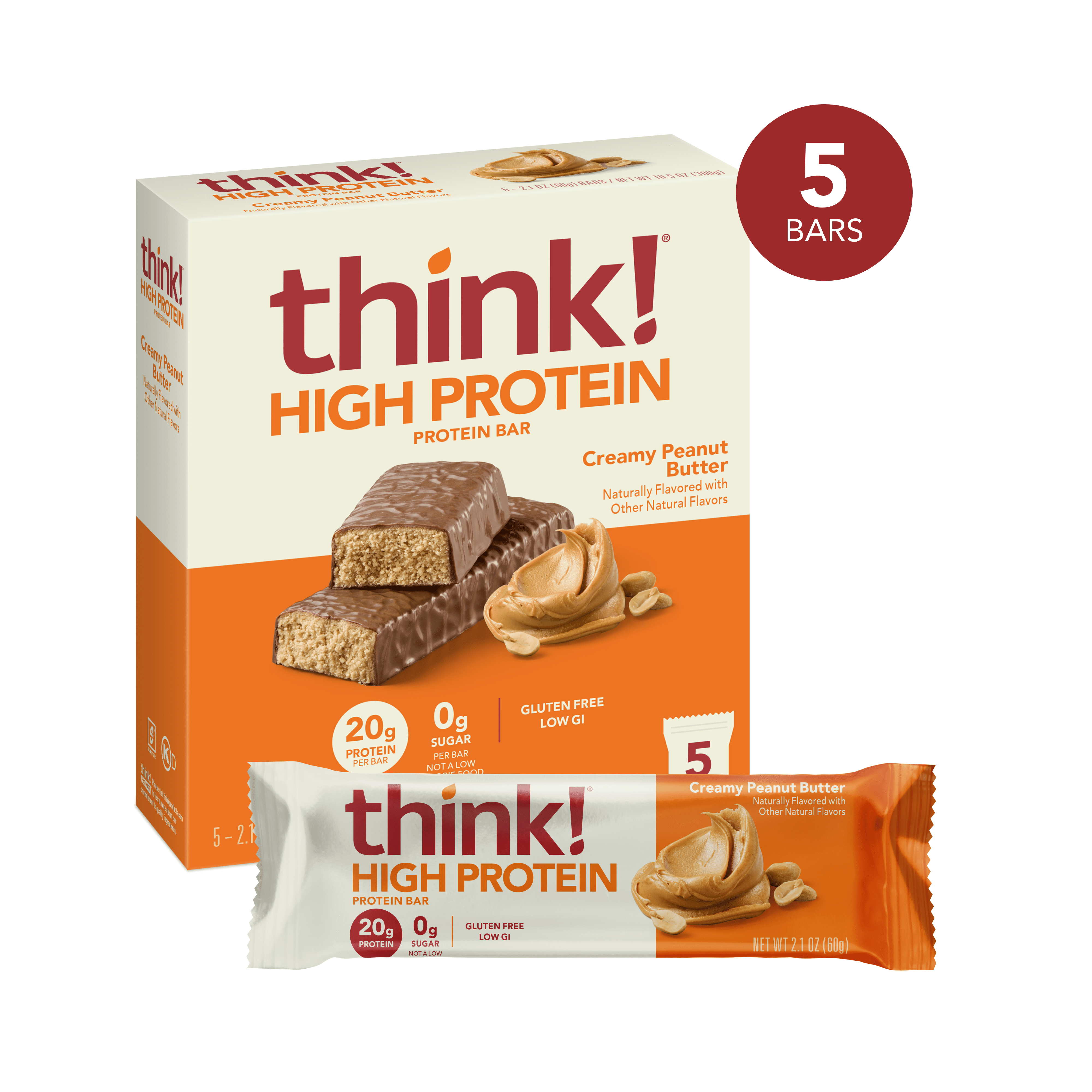 think! Creamy Peanut Butter High Protein Bars, Gluten Free, 5 count, 10.5 oz