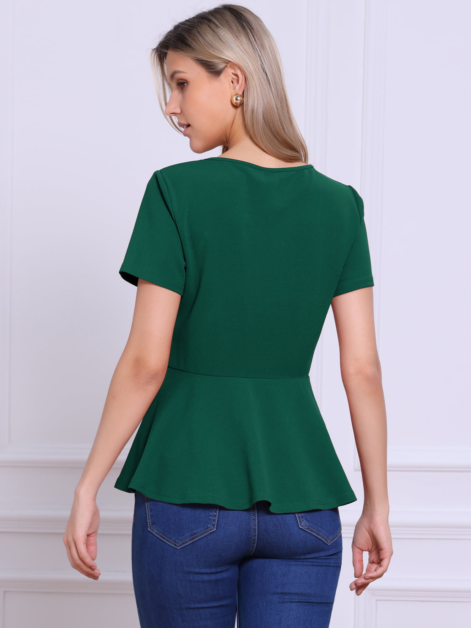DARING DIVA Women's Peplum Tops Short Sleeve Crew Neck Blouse S Green