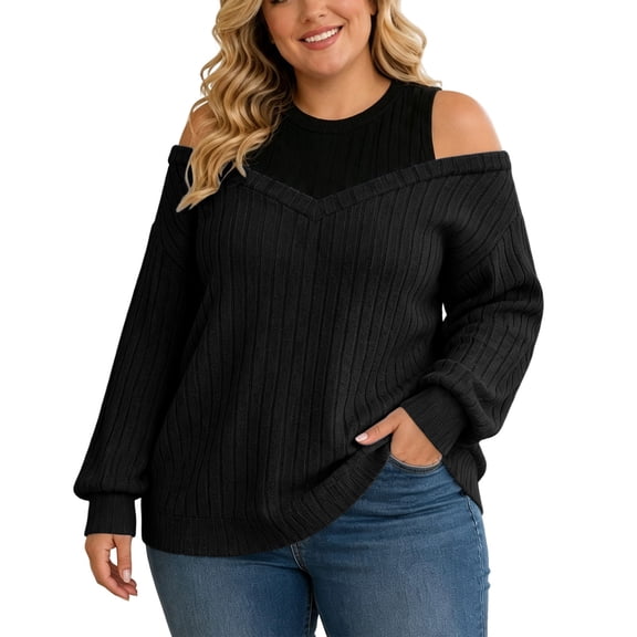 cocolona Plus Size Sweaters for Women Trendy Off Shoulder Patchwork Long Sleeve Knit Fall Tops