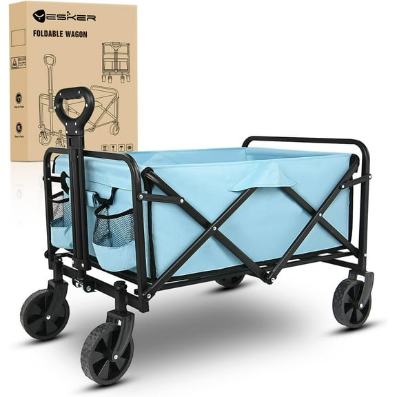 Yesker Foldable Wagon - 220lbs Collapsible Garden Carts with All Terrain Wheels for Outdoor Camping Sports Shopping Gardening - Heavy Duty Portable Utility Trolley (Blue)