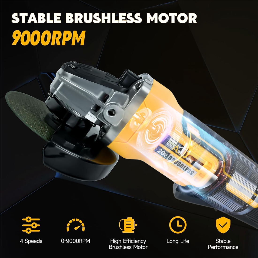 20V Brushless Cordless Angle Grinder, 4-1/2" Grinder Fit for Dewalt 20V MAX Battery (Battery Not Included), with 4 Variable Speeds for Cutting, Grinding, Polishing