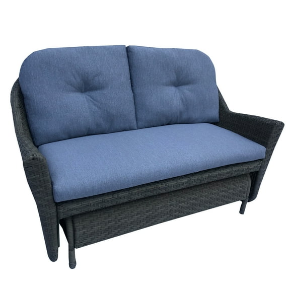 46" Gray Resin Wicker Deep Seated Double Glider with Blue Cushions