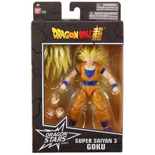 Dragon Ball Super - Dragon Stars Series - Super Saiyan 3 Goku action figure, 6.5 inches tall with over 16 points of articulation, wearing orange and blue martial arts outfit and bright yellow spiky hair, includes extra hands for multiple poses, in branded packaging.
