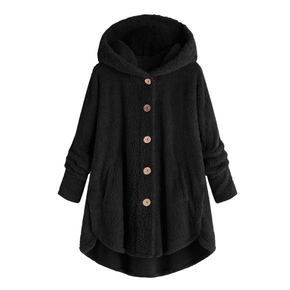 LMKIHUSA Womens Plus Fleece Jacket Casual Winter 2025 Warm Outerwear Long Sleeve Button Down Hooded Jackets Cardigan Double Side Velvet Coats Black,M