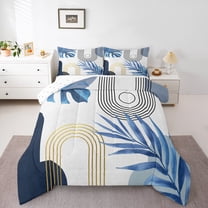 Homewish Tropical Bontical Monstera Queen Comforter Set,Boho Geometric Lines Bedding Sets,White Blue Bedding Comforter Set For Teens,Luxury Bedroom Decor Reversible,3pcs