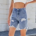 thumbnail image 3 of Pantalones cortos de mezclilla rasgados for mujer, pantalones cortos de verano de talle alto informales desgastados con pantalones cortos dobles pantalones vaqueros con dobladillo crudo deshilachados, 3 of 7