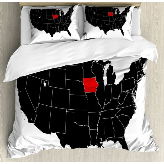 Iowa State Duvet Cover Set Queen Size, North America Map Showing the Iowa State Simple Cartography Design, Decorative 3 Piece Bedding Set with 2 Pillow Shams, Black Vermilion White, by Ambesonne