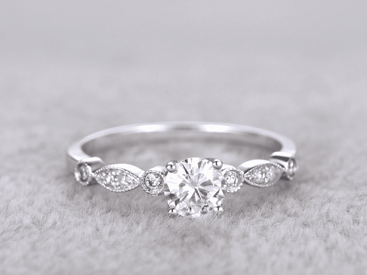HeartsAndYou 1.2ct Round Cut Moissanite Engagement Ring for Women 18k White Gold Over Silver Vintage Inspired Milgrain Stylish