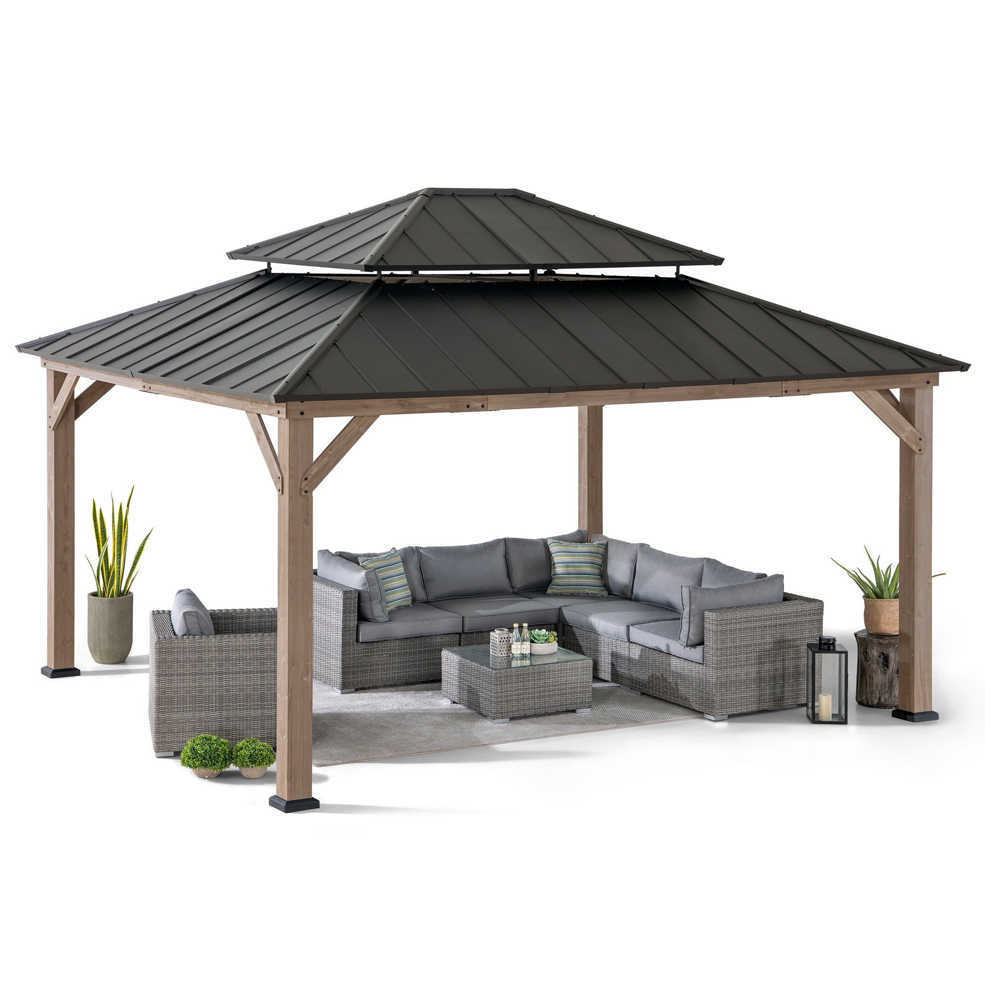 SUNJOY 13 x 15 ft. Wood Gazebo, Outdoor Patio Steel Hardtop Gazebo, Cedar Framed Wooden Gazebo with 2-Tier Metal Roof, Suitable for Patios, Lawn and Backyard, Dark Brown Roof + Dark Wood Frame