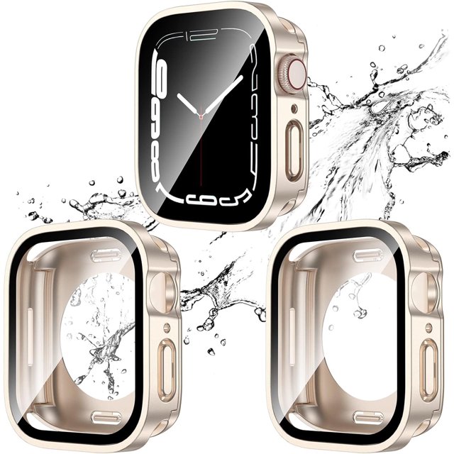 KOMI 2 Pack 2 in 1 Waterproof Case for Apple Watch Series 8 7 41mm, Straight Edge PC Front & Back Bumper with Tempered Glass Screen Protector 360 Protective Cover for iWatch 41mm