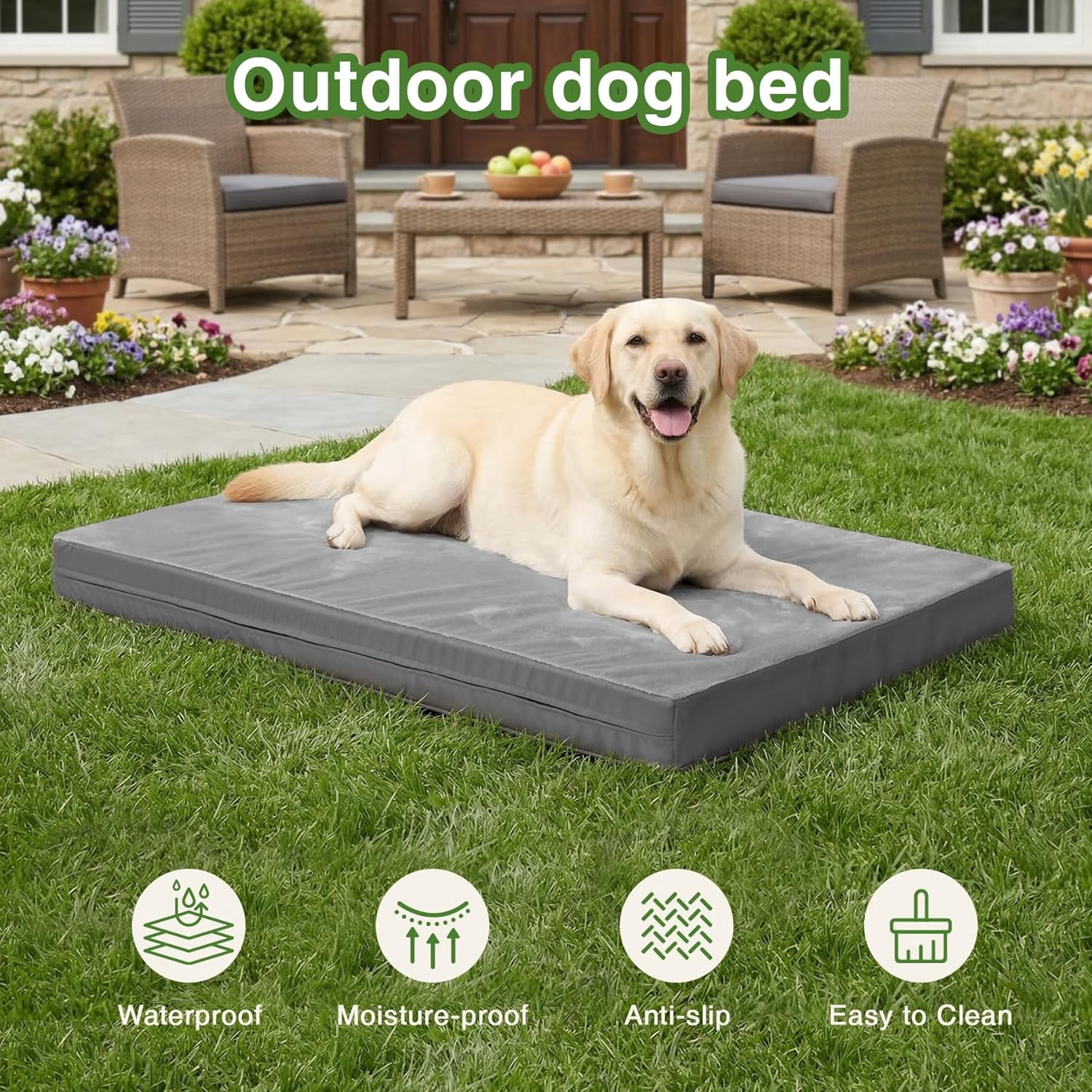 Waterproof Outdoor Dog Bed Large Medium Sized Dogs, Washable Crate Pad 35 inch, Foam Orthopedic Pet Beds with Removable Cover,Durable Anti-Slip Kennel Pads 35"x22", Gray